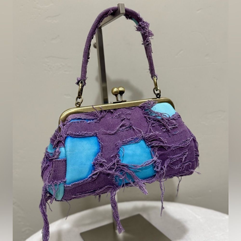Chic Cowhide with Ripped Canvas Kisslock Clutch/Wristlet/Shoulder Bag/Crossbody
